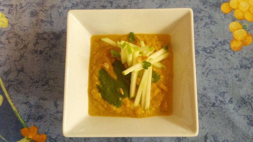 Gallery Photo of Curried Cauliflower Soup with Apple Sticks and Cilantro Pesto
